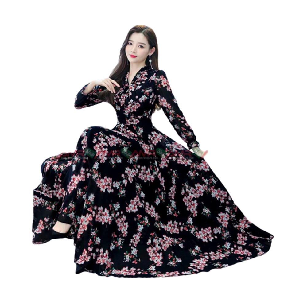 China Lelin Digital Print Long Kurti Gown For Women - Black - G-M20