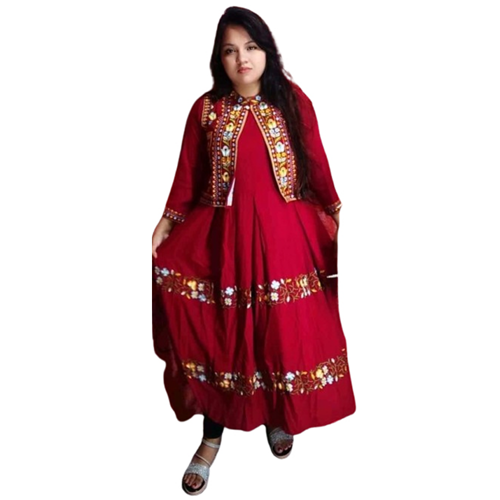 Linen Cotton Embroidery Gown With Koti For Women - Maroon - GN-01