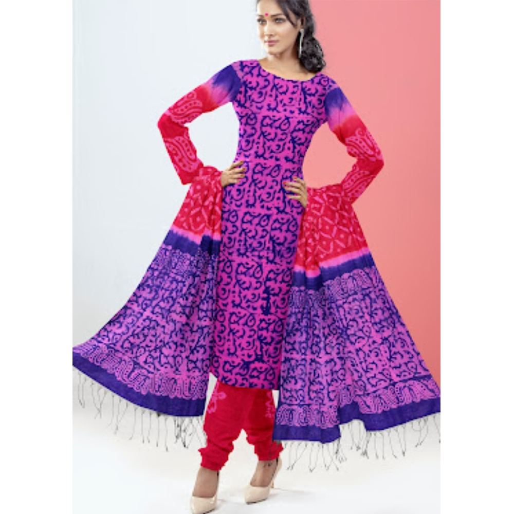 Unstitched Silk Batik Printed Salwar Kameez For Women - Multicolor - 3N-B7