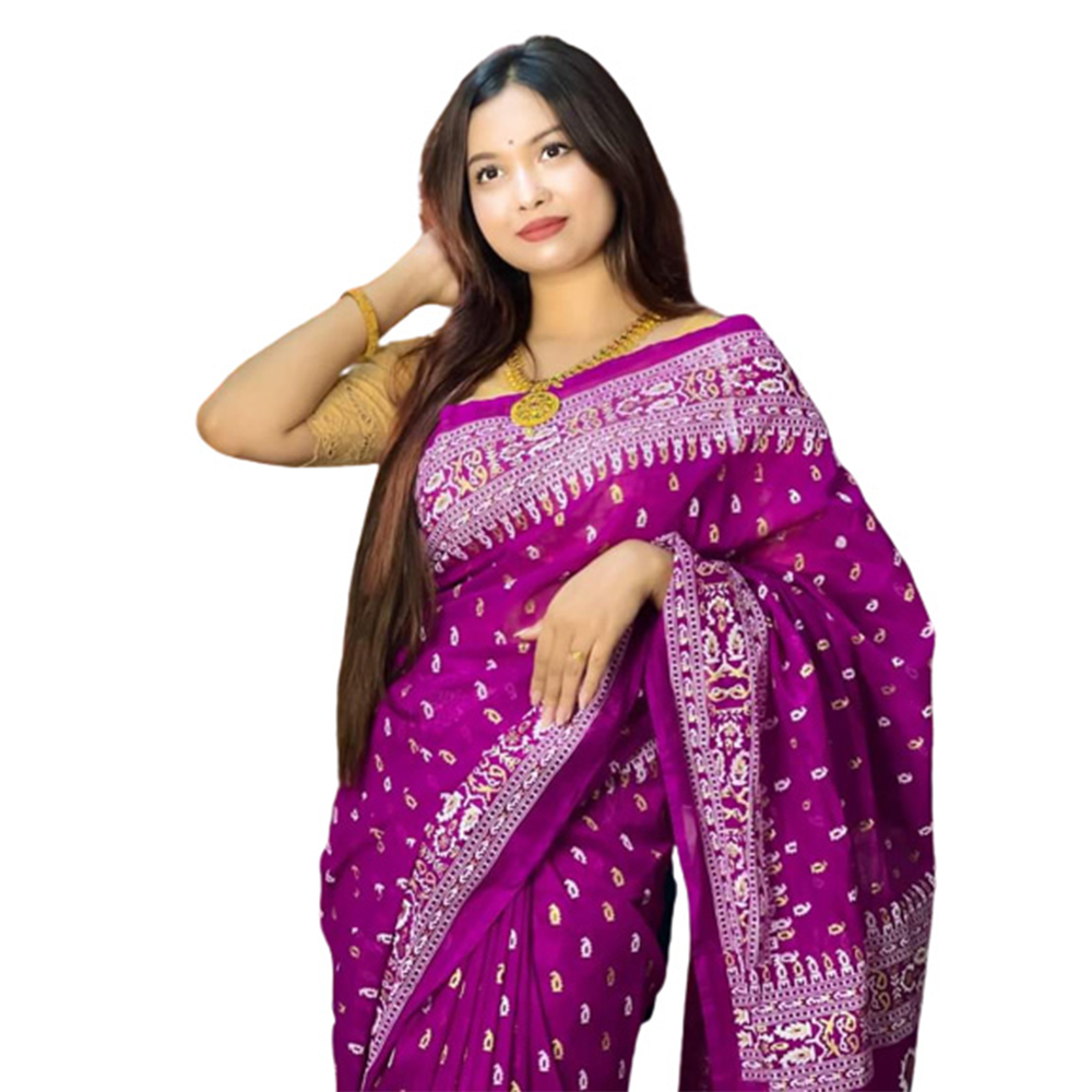 Half Silk Hand Printed Sharee For Women - Purple - SP-115