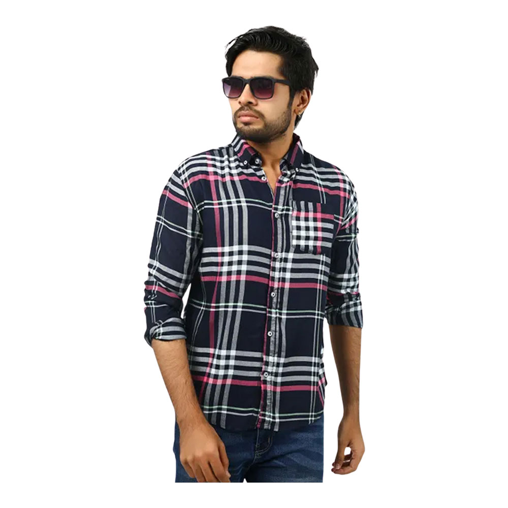 Cotton Full Sleeve Casual Check Shirt for Men - Navy Pink