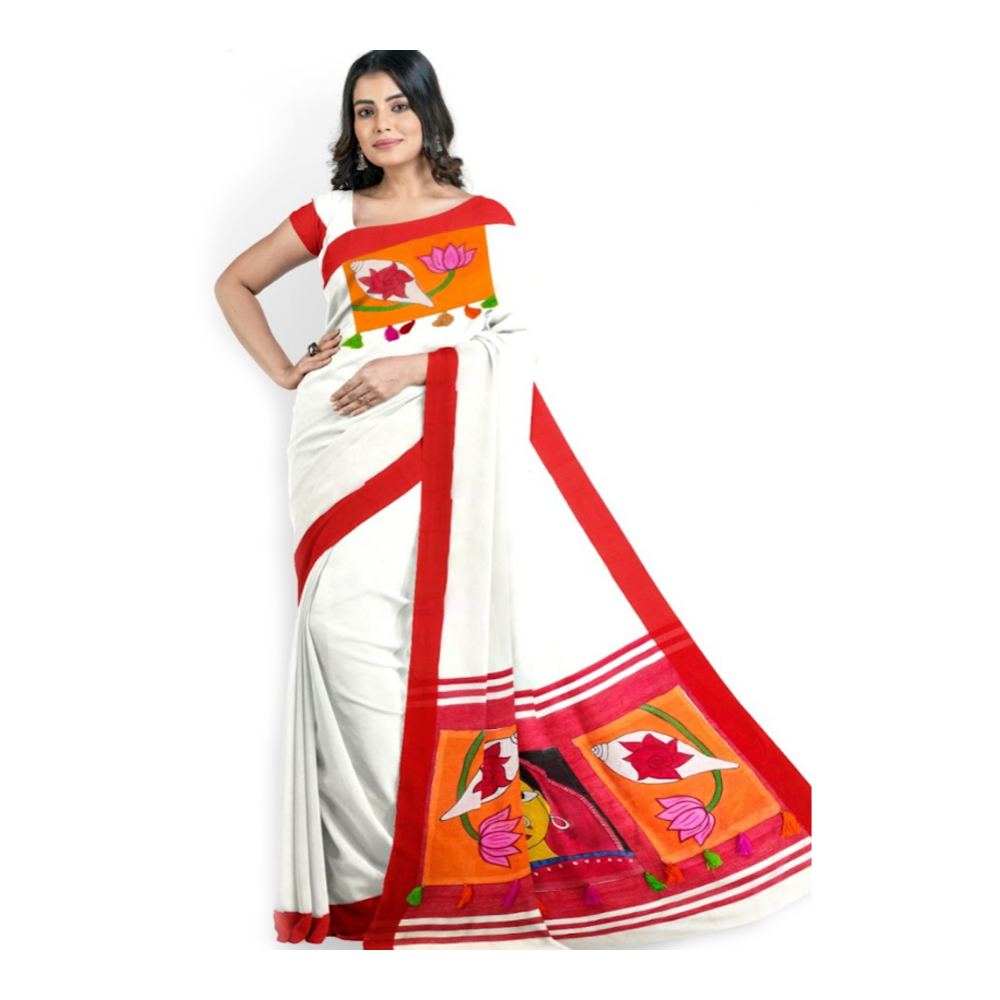 Durga Puja Special Half Silk Hand Print Tangail Tant Saree With Blouse Piece For Women - White - TTS-143