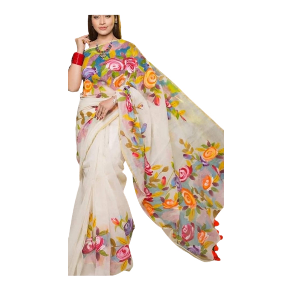 Half Silk Hand Print Saree For Women - Multicolor - SP-96