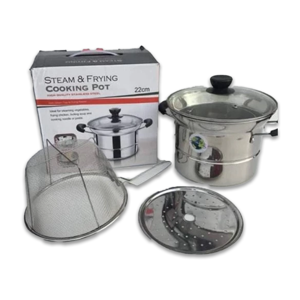 Stainless Steel Steam and Frying Cooking Pot - 22 cm