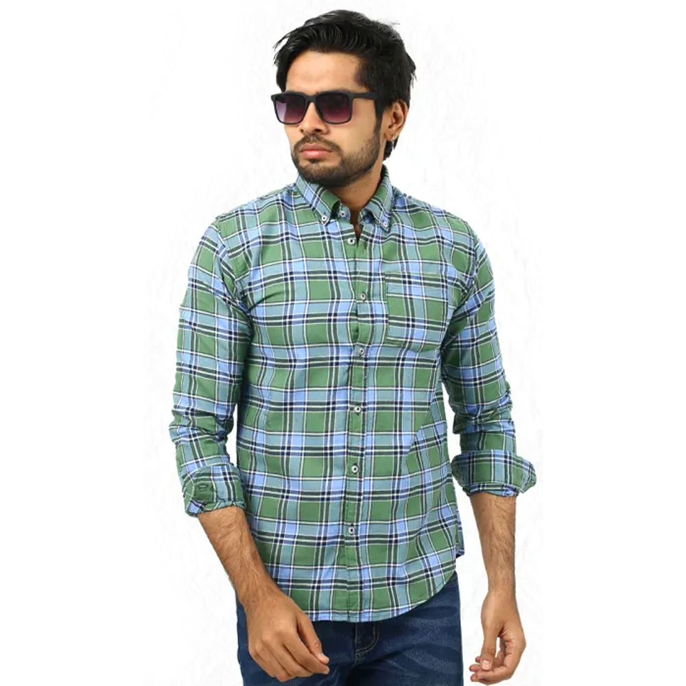 Cotton Full Sleeve Casual Check Shirt For Men - Olive