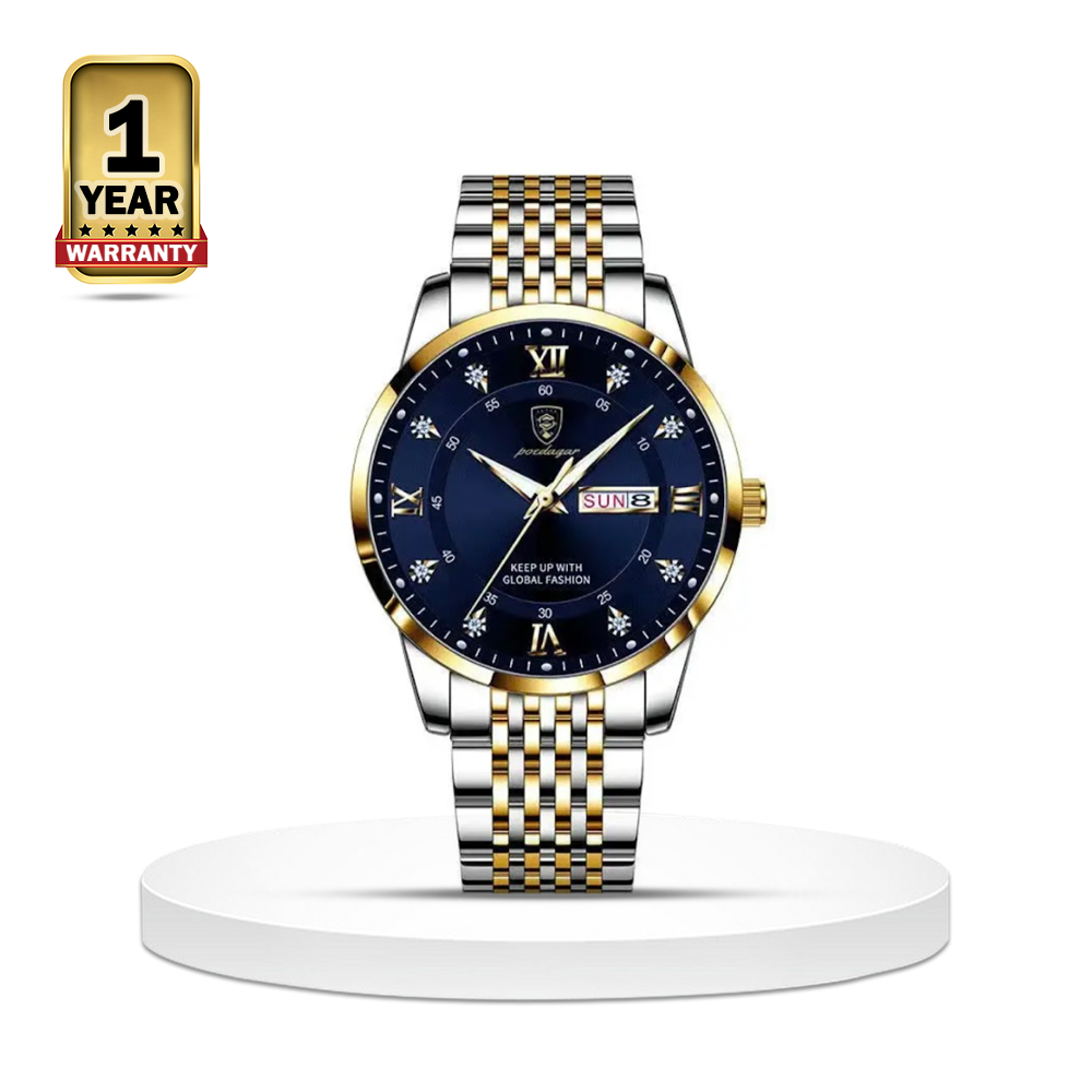 Poedagar 836 Stainless Steel Wrist Watch For Men - Silver Golden and Blue