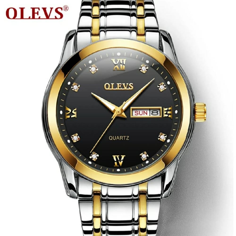 Olevs 8691 Golden Silver Two Tone Stainless Steel Analoge Wrist Watch For Men