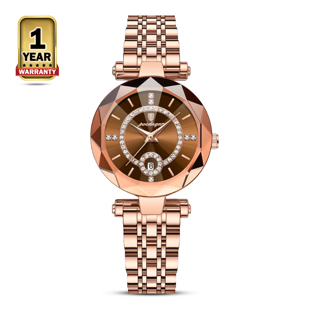 Poedagar 726 Stainless Steel Quartz Wrist Watch For Women - Rose Gold and Coffee