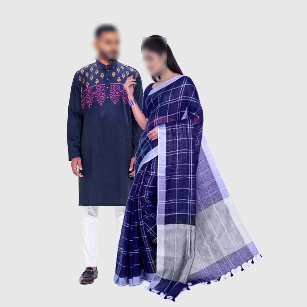 Cotton Print Saree and Cotton Panjabi Couple Set - Multicolor - 4299