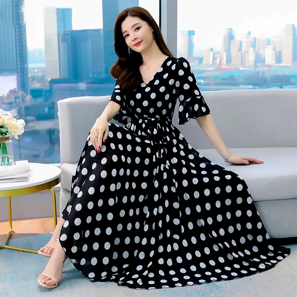 China Linen Printed Long Gown For Women - White and Black - GL-08