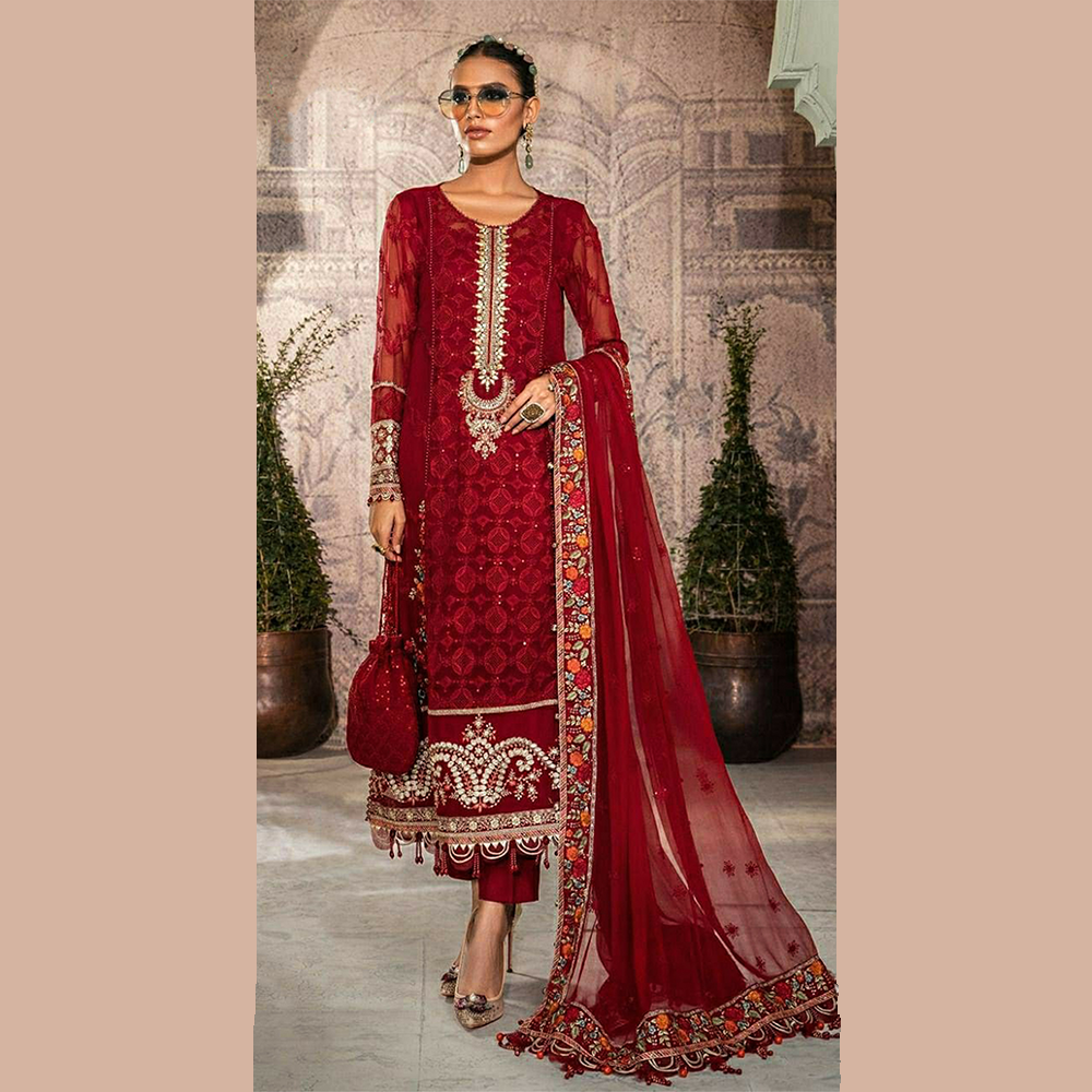 Unstitched Embroidered Net Party Wear Suit 4Pcs For Women - Red - K-1615