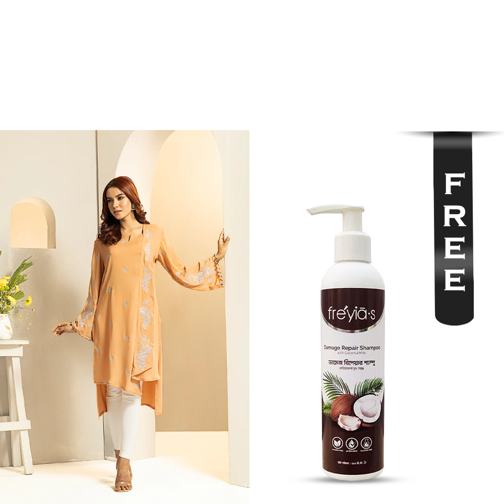 Buy Showstopper Cherry Georgette Kurti for Women - 0224 000298 - Golden Peach and Get Freyias Damage Repair Shampoo with Coconut Milk - 220ml Free