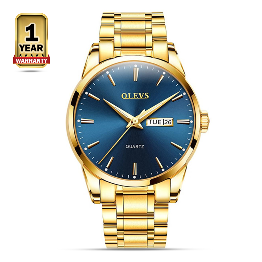 OLEVS 6898 Stainless Steel Analog Wrist Watch For Men - Gold And Royal Blue