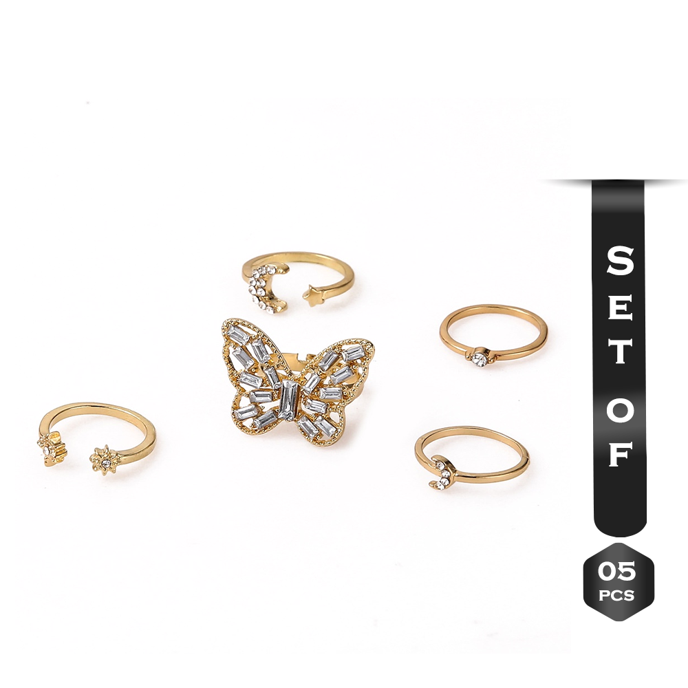 Set of 5Pcs Crystal Moon Butterfly Ring Set For Women - Golden