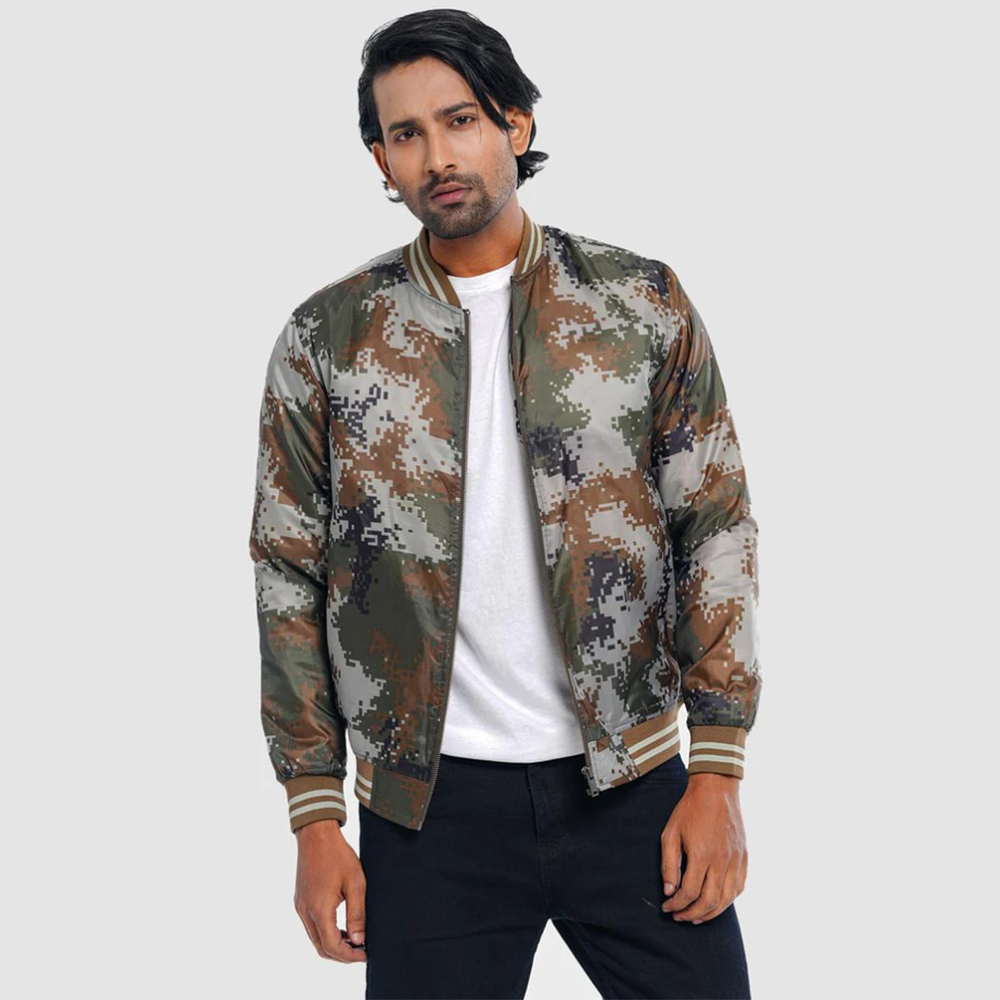 Taffeta Casual Bomber Jacket For Men - Olive Camo