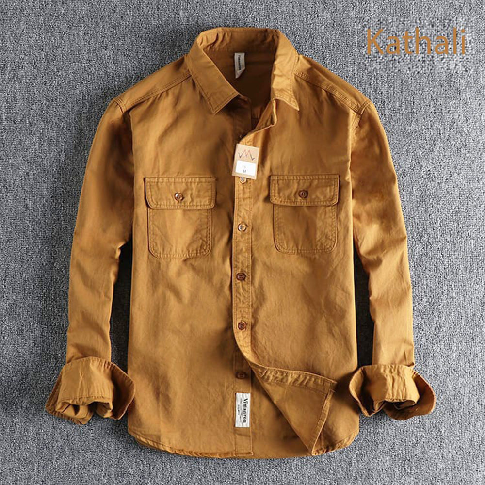 Cotton Full Sleeve Double Pocket Shirt For Men - Golden - Shirt-08