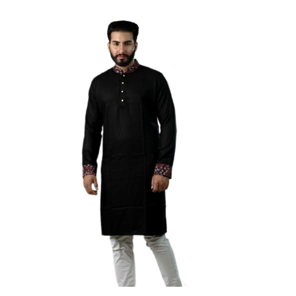 Cotton Semi Long Panjabi For Men - Black - PS-36