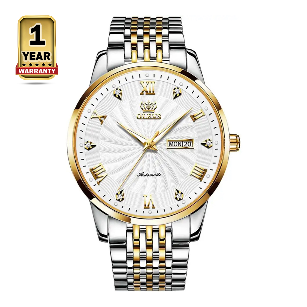 OLEVS 6630 Stainless Steel Watch For Men - White Silver and Golden