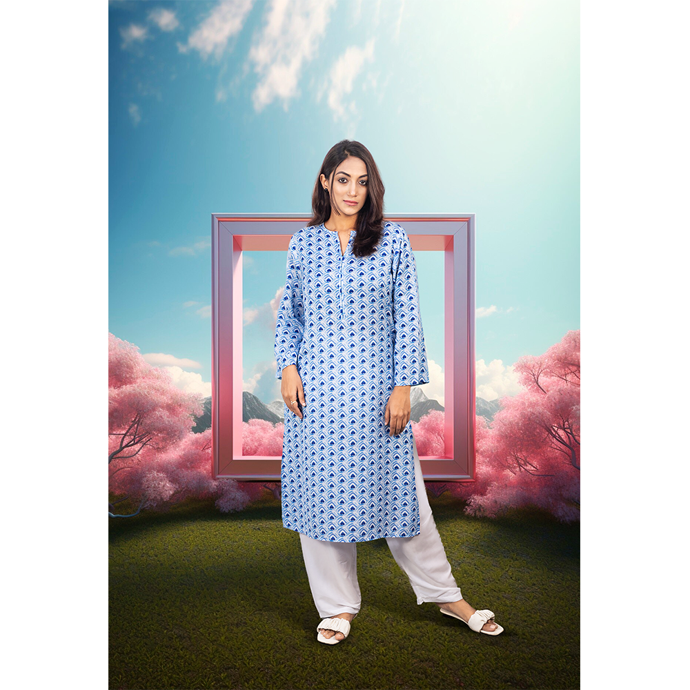 Viscose Printed Kurtis For Women - Sky Blue - ELV001