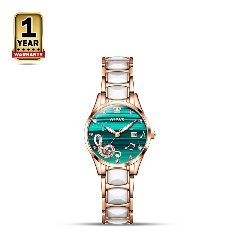 Olevs 3605 Analog Wrist Watch For Women - Green and Rose Gold