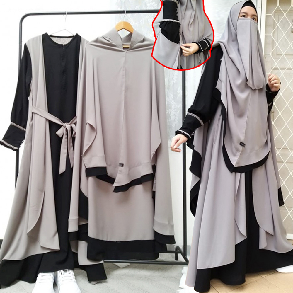 Dubai Cherry Indonesia Hijab and Niqab Burkha Set for Women - Silver - B_447