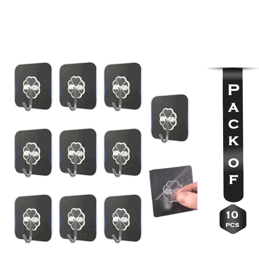 Pack of 10 Pcs Stainless Steel Strong Self Adhesive Hooks - Transparent 