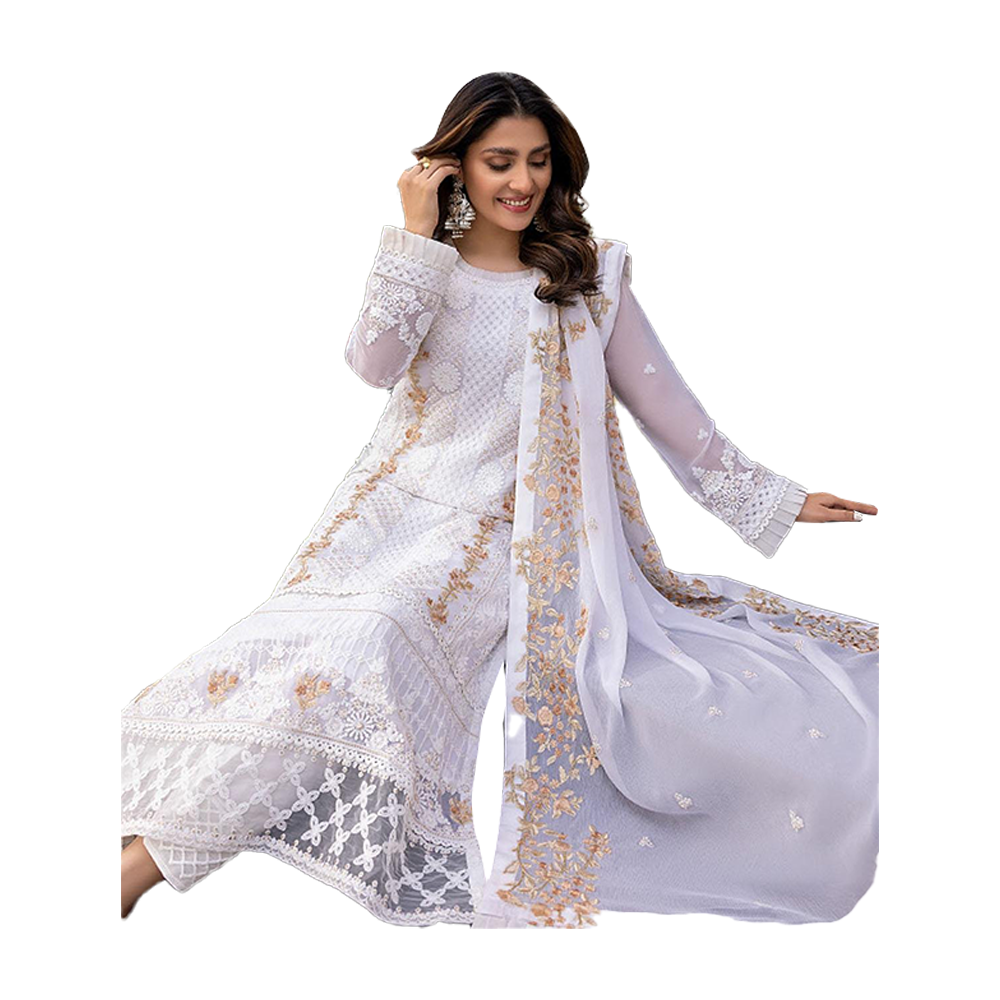 Unstitched Embroidery Work Georgette Shalwar Kameez For Women - White