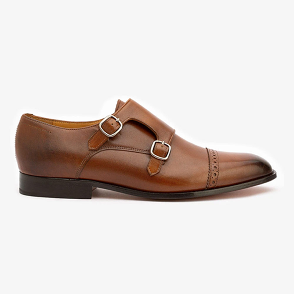 Leather Double Monk Strap Shoes For Men Brown 104 004