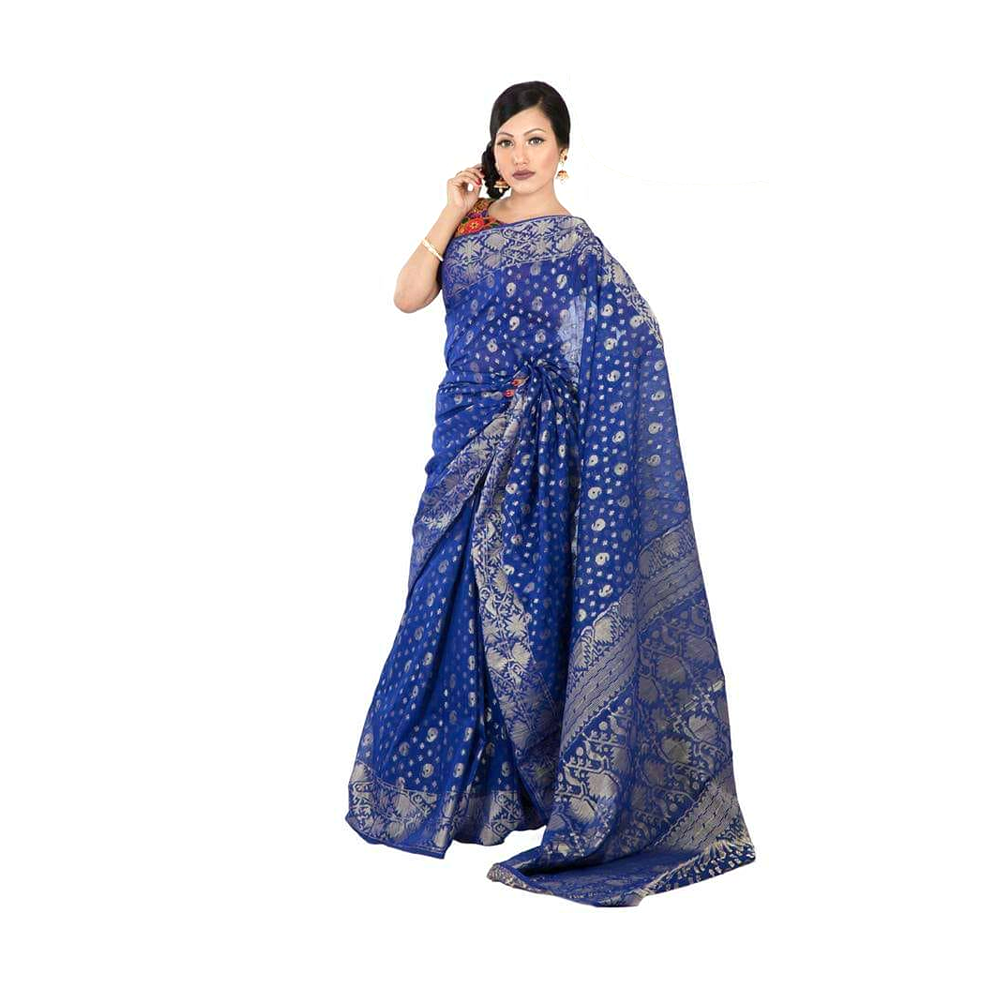 Half Silk Cotton Saree For Women - Blue - A02