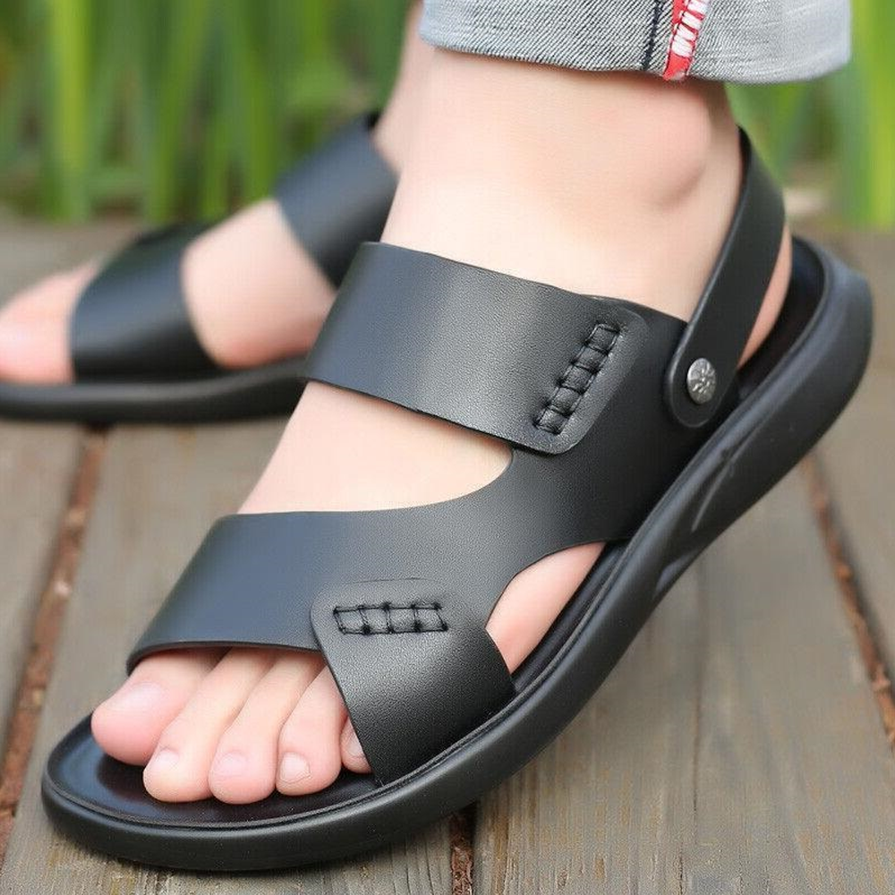 Leather Double Belt Casual Sandal For Men - Black - SP-07