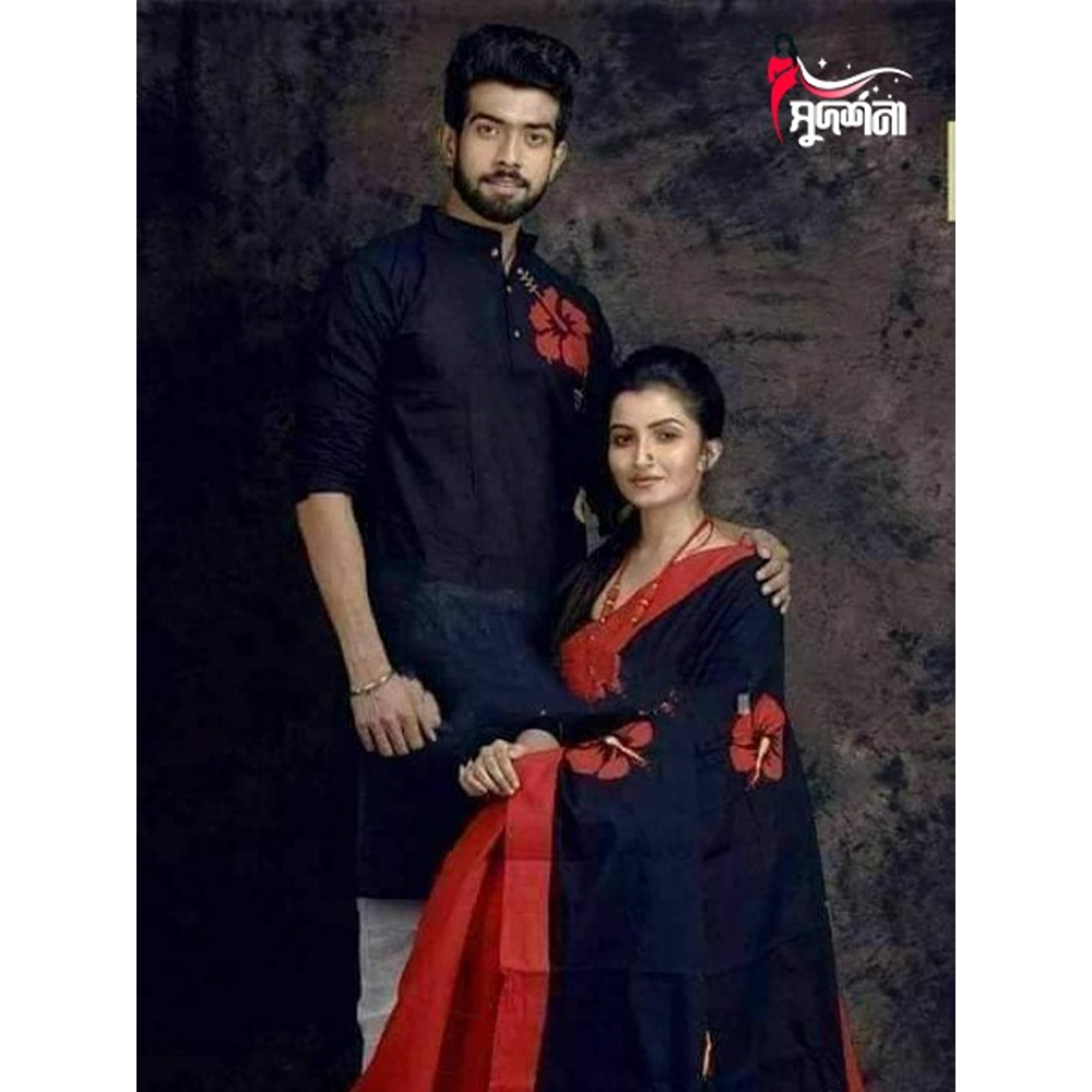 Dhupian Block Print Silk Saree and Dhupian Silk Panjabi for Couple - Multicolor - 0023