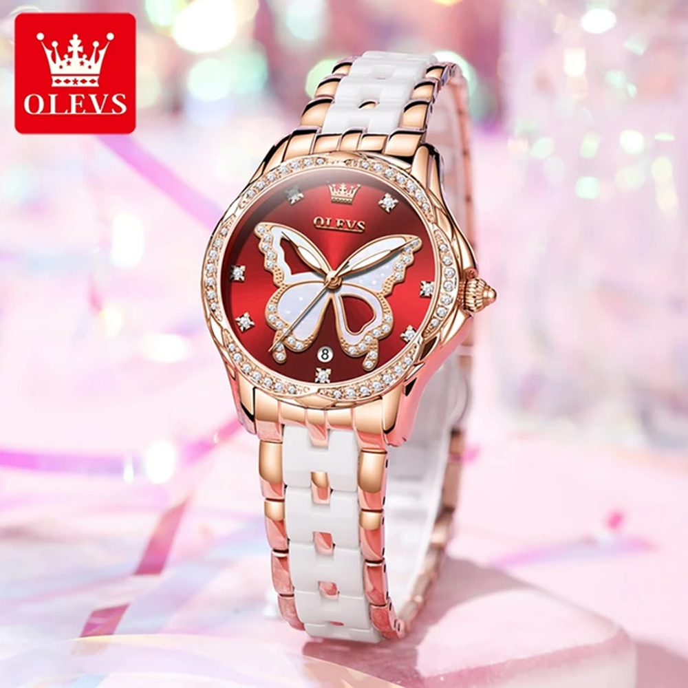 Olevs 5610 Quartz Round Coated Glass Analog Watch For Women - Red Rose