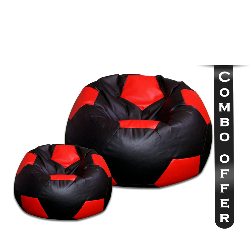Combo of 2 Pcs Football Artificial Leather Beanbag With Footrest - XXL - Black and Red
