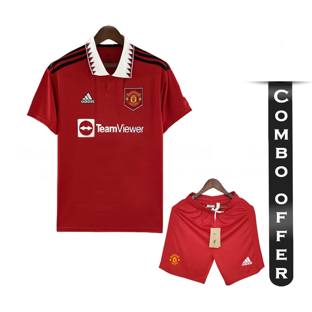 Combo of Manchester United Mesh Cotton Short Sleeve Home Jersey and Short Pant - Red - United H2