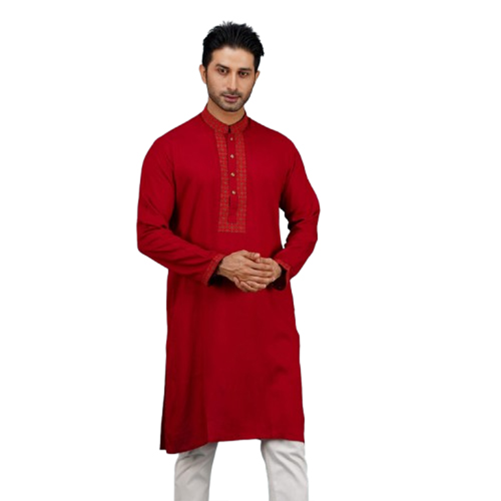 Cotton Embroidery Semi Long Panjabi For Men - Red - PM-18