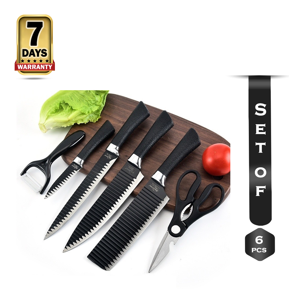 Set of 6 Pcs Non-Stick Coating Stainless Steel Knife Set - Black  