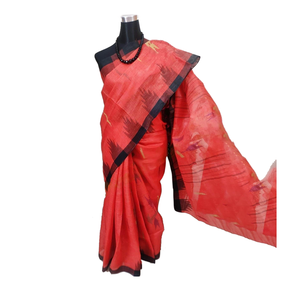 Cotton  Embroidery Monipuri Saree With Blouse Piece For Women - Orange and Black