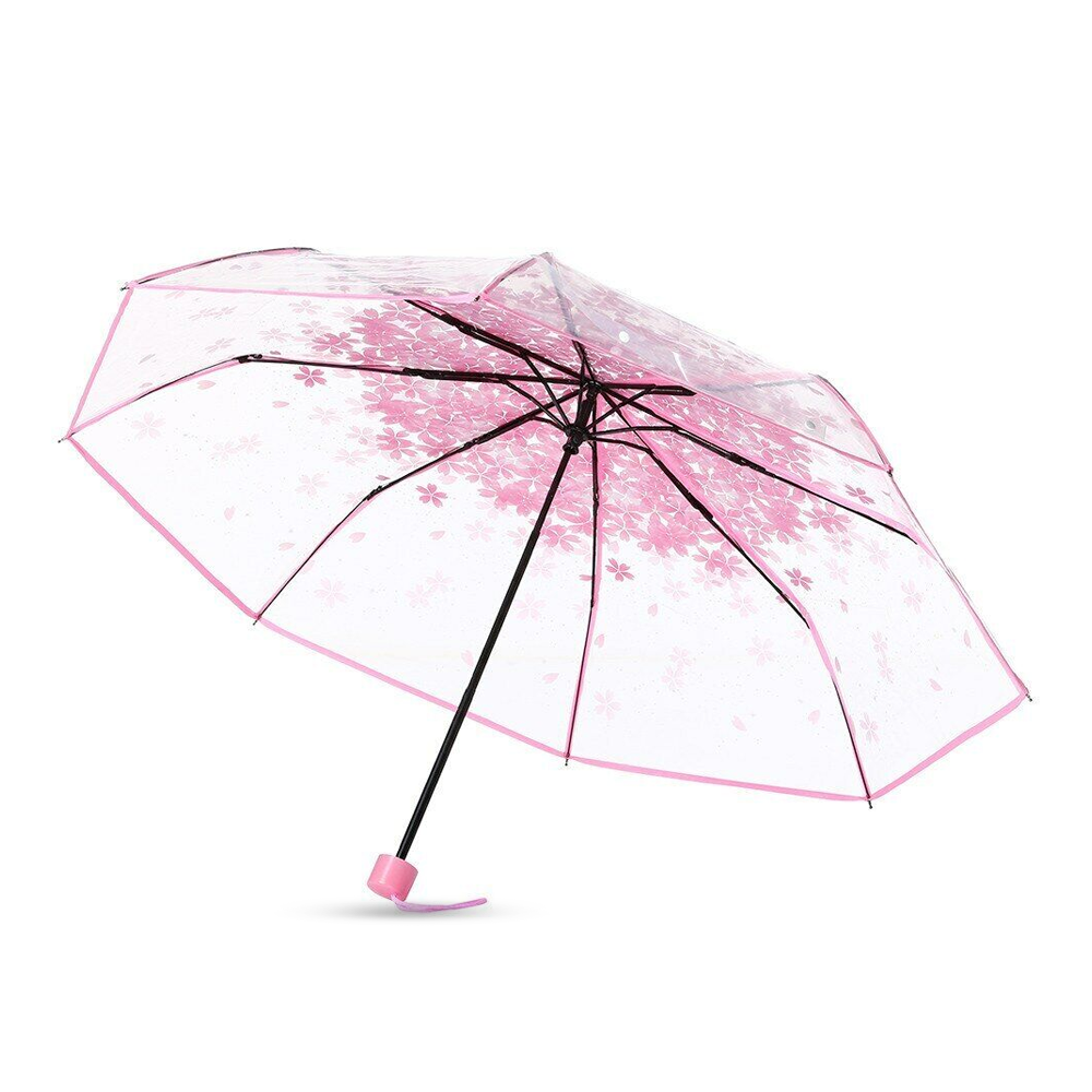Transparent Cherry Blossom Sakura 3Fold Umbrella For Women