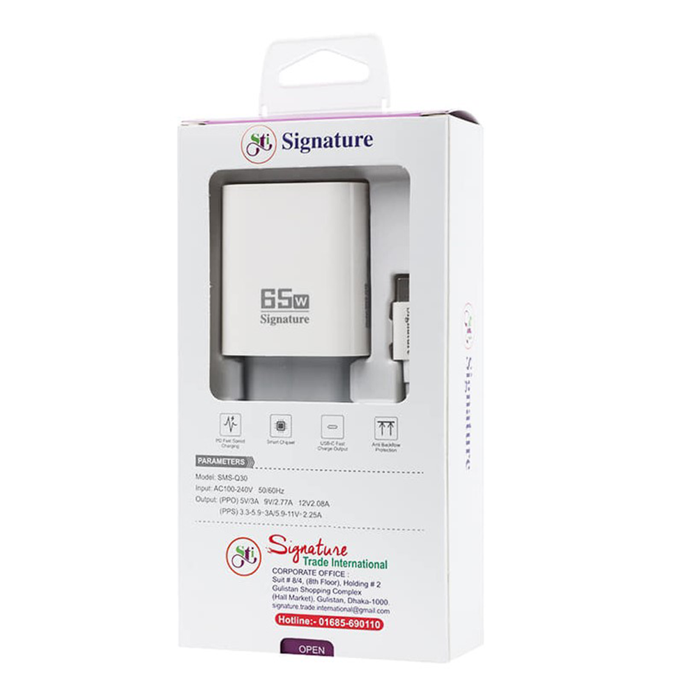 Signature SMS-Q2 Charger With Fast Charging Type-C Data Cable - 65W - White