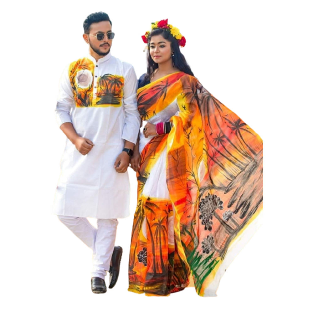 Hand Print Couple Set Saree With Panjabi - White And Rust - CS-74