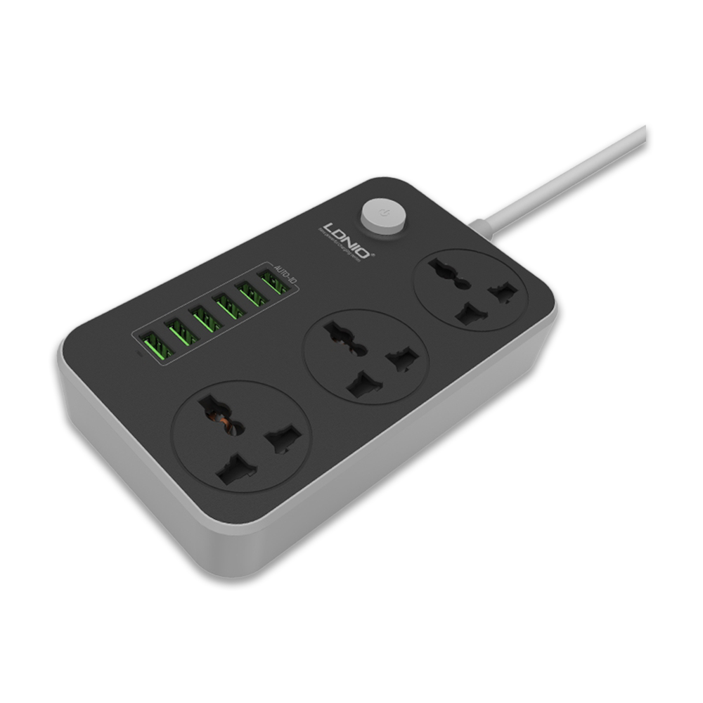 LDNIO SC3604 Plug 3-Outlet Power Strip with 6 USB Charging Ports Sockets - Black And Gray