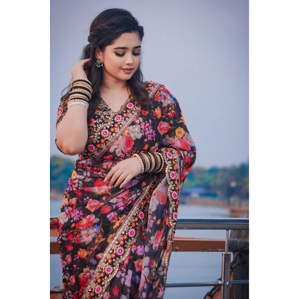 Blended Indian Stone Work Silk Saree For Women - Multicolor - SF-057