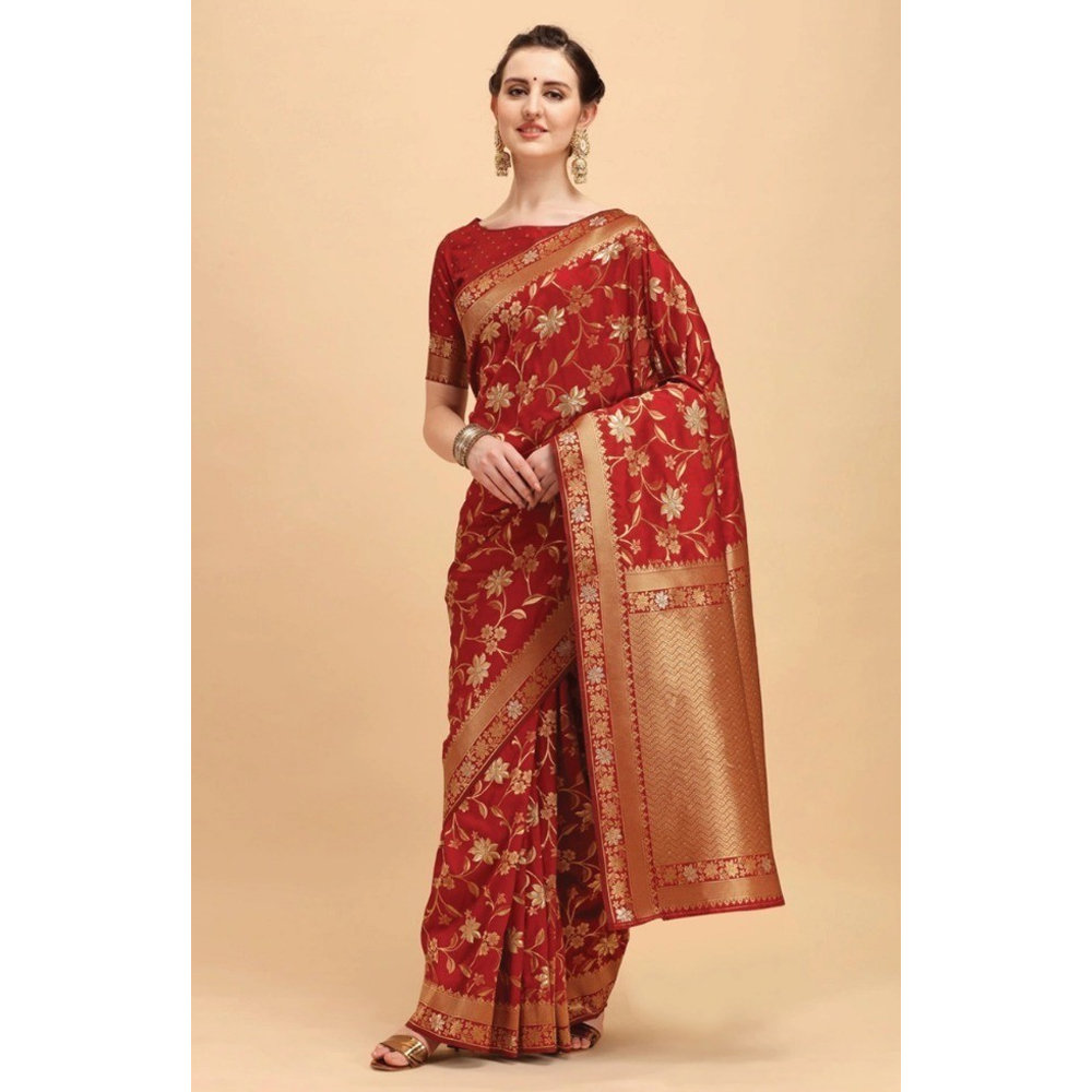 Silk Printed Gorgeous Saree With Blouse Piece For Women - Red - MN-731