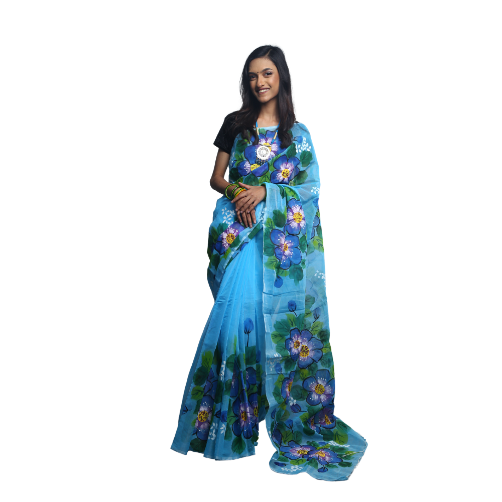 Hand Print Silk Cotton Saree For Women - Crystal Blue - SC37