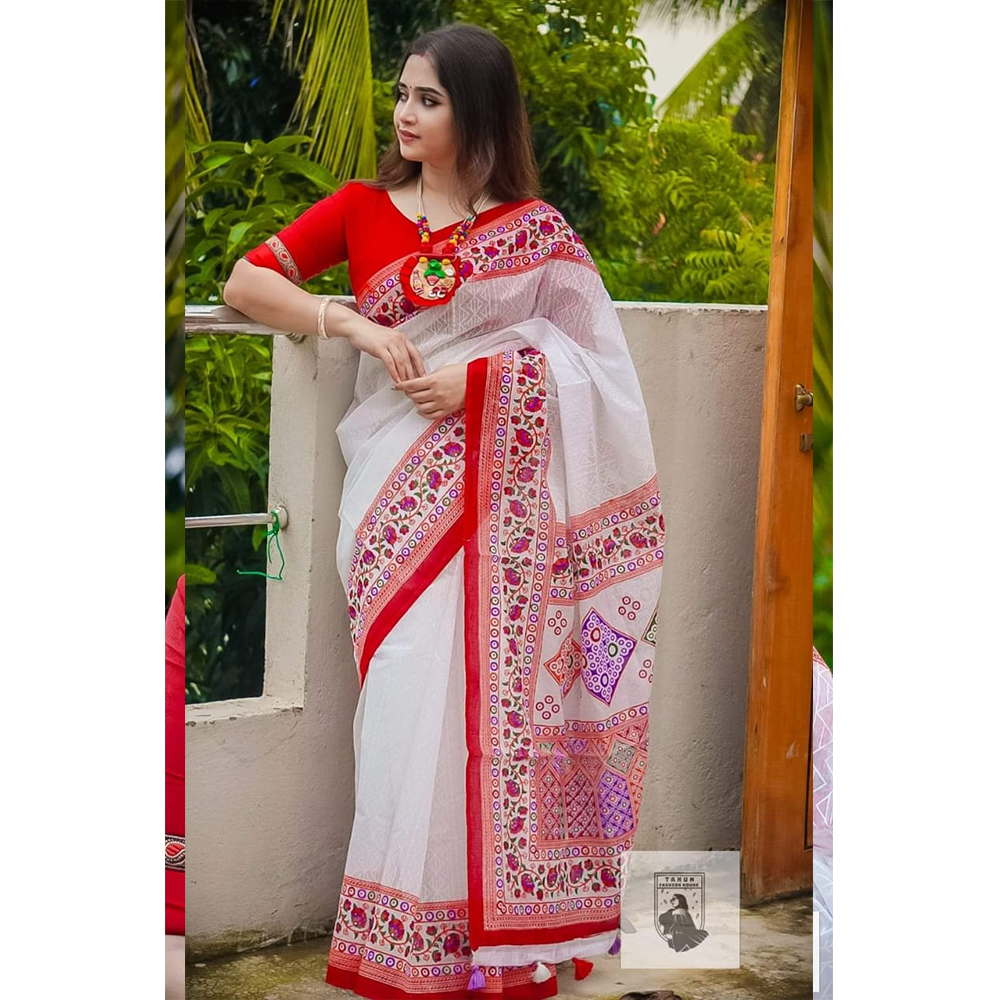 Half Silk Screen Print Work Saree for Women - White and Red - HS-00028