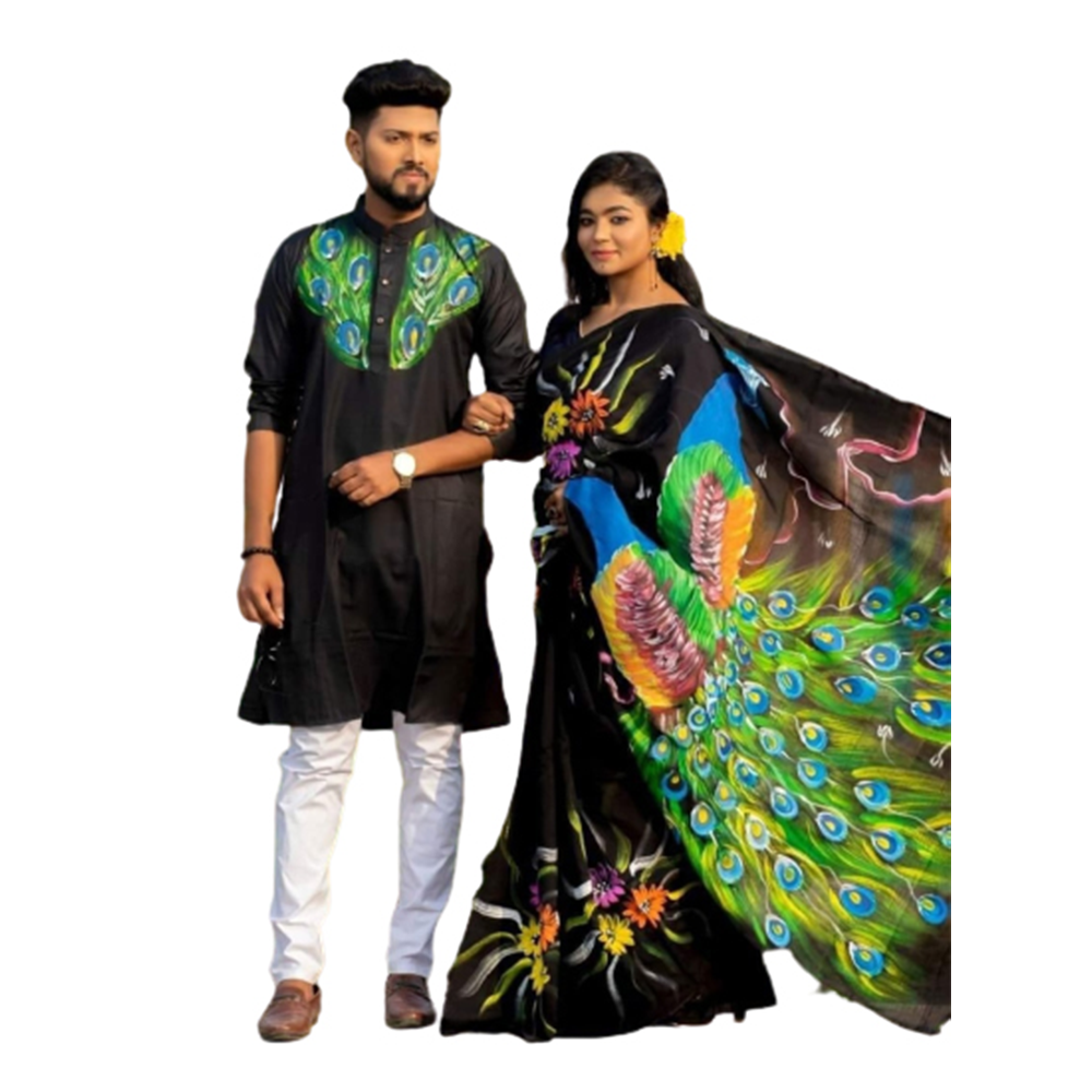 Hand Print Couple Set Saree With Panjabi - Black And Green - CS-70