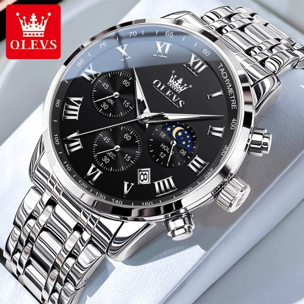 OLEVS 5529 Stainless Steel Moon Phase Quartz Date Waterproof Analog Watch for Men