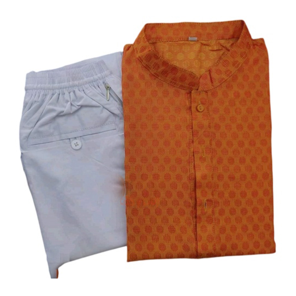 Silk Semi Long Panjabi and Cotton Payjama Set For Men - Orange and White