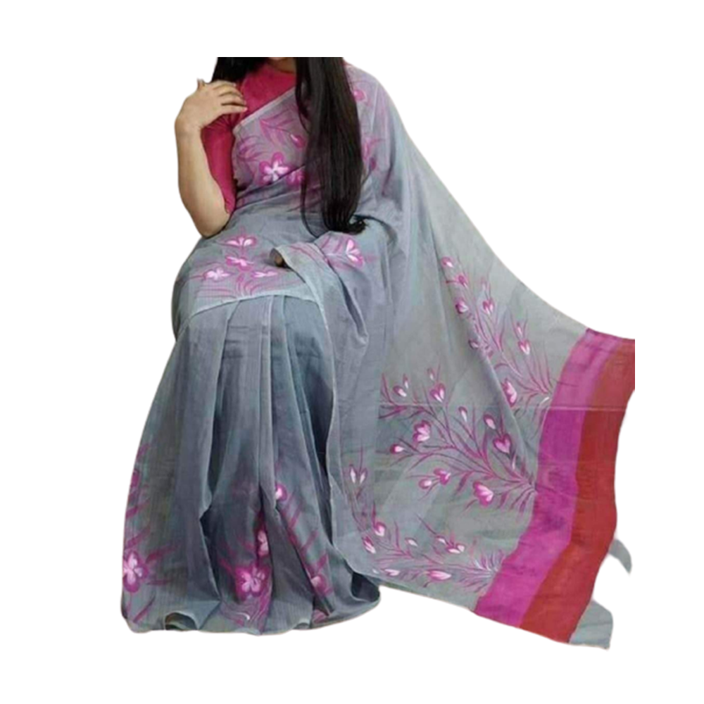 Half Silk Hand Print Saree For Women - Gray and Pink - SP-73