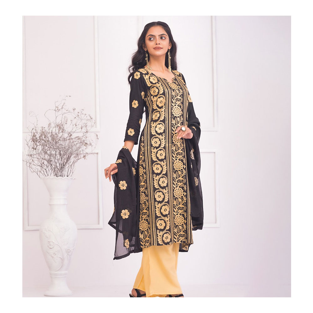 Cotton Semi Stitched Embroidery Salwar Kameez for Women - Black